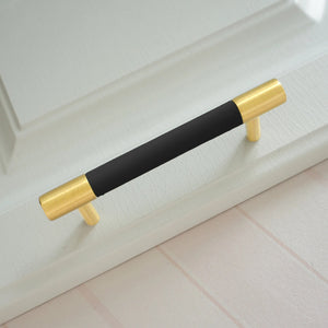 Black Leather Cabinet Pulls and Knobs with Brass-Toned Ends