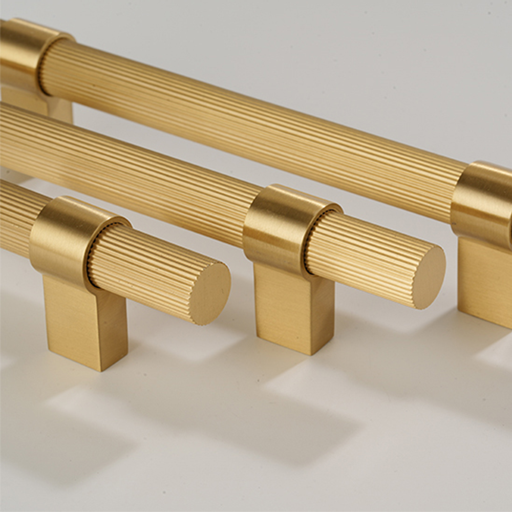Gold Knurled Solid Brass Round Bar Cabinet Pulls with T-Bar Knob Option