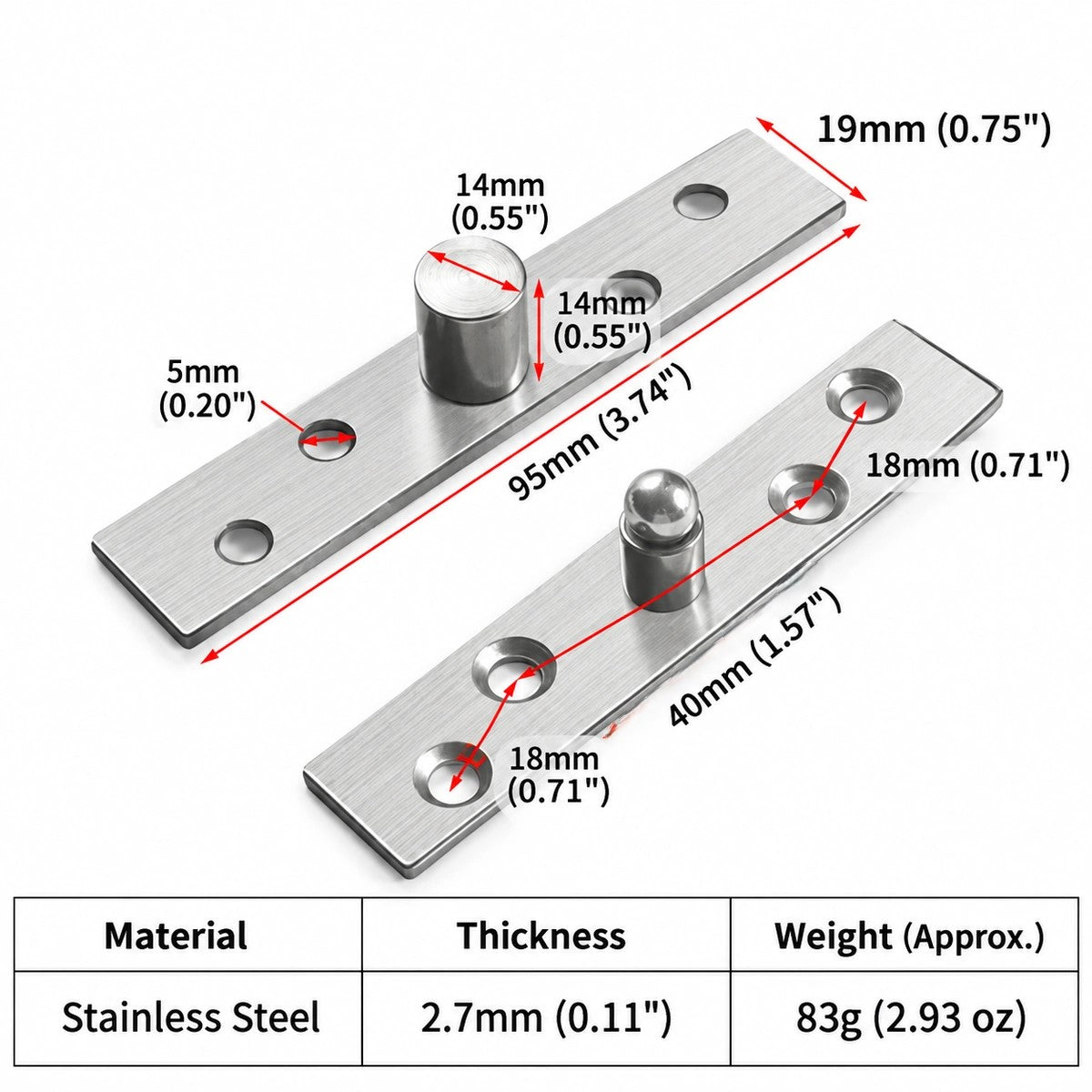 Stainless Steel 360° Pivot Door Hinges, Top and Bottom Mount