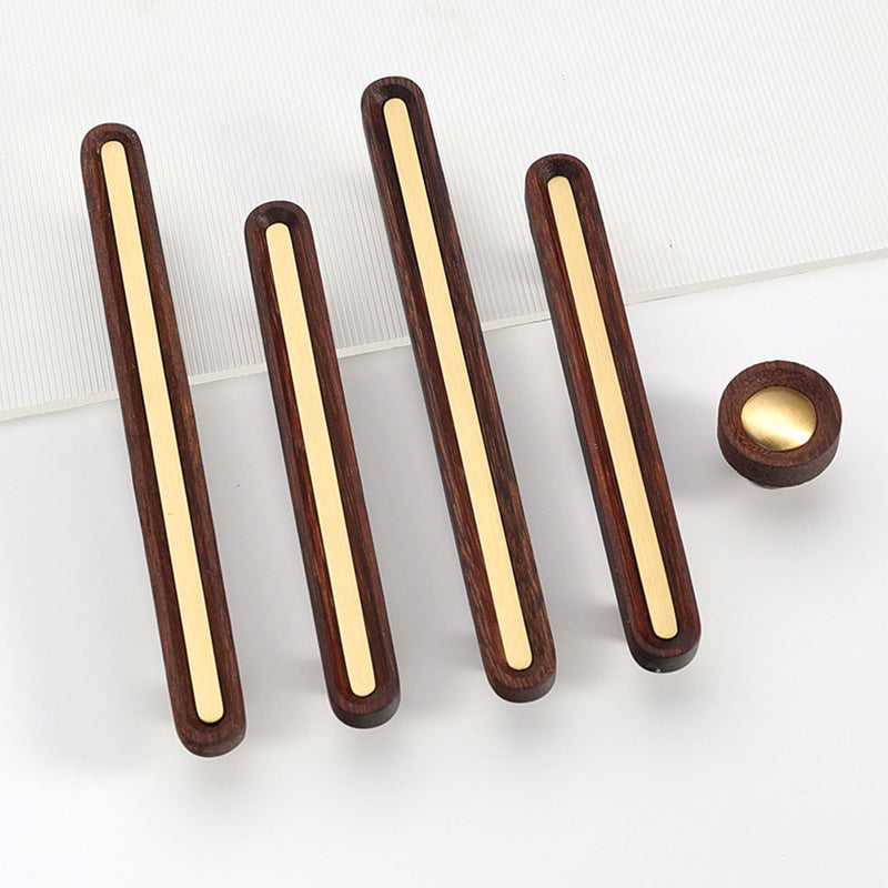 Walnut Wood Cabinet Pulls and Knob with Gold Inlay