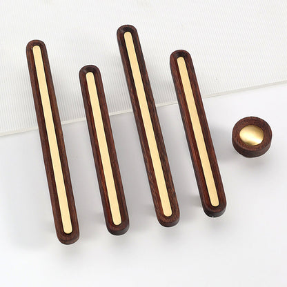Walnut Wood Cabinet Pulls and Knob with Gold Inlay