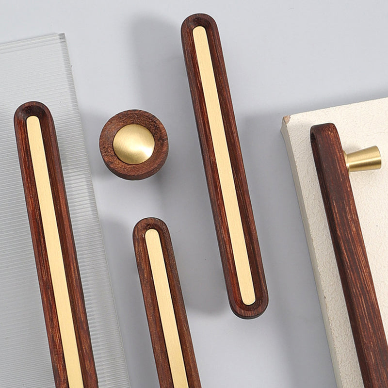 Walnut Wood Cabinet Pulls and Knob with Gold Inlay