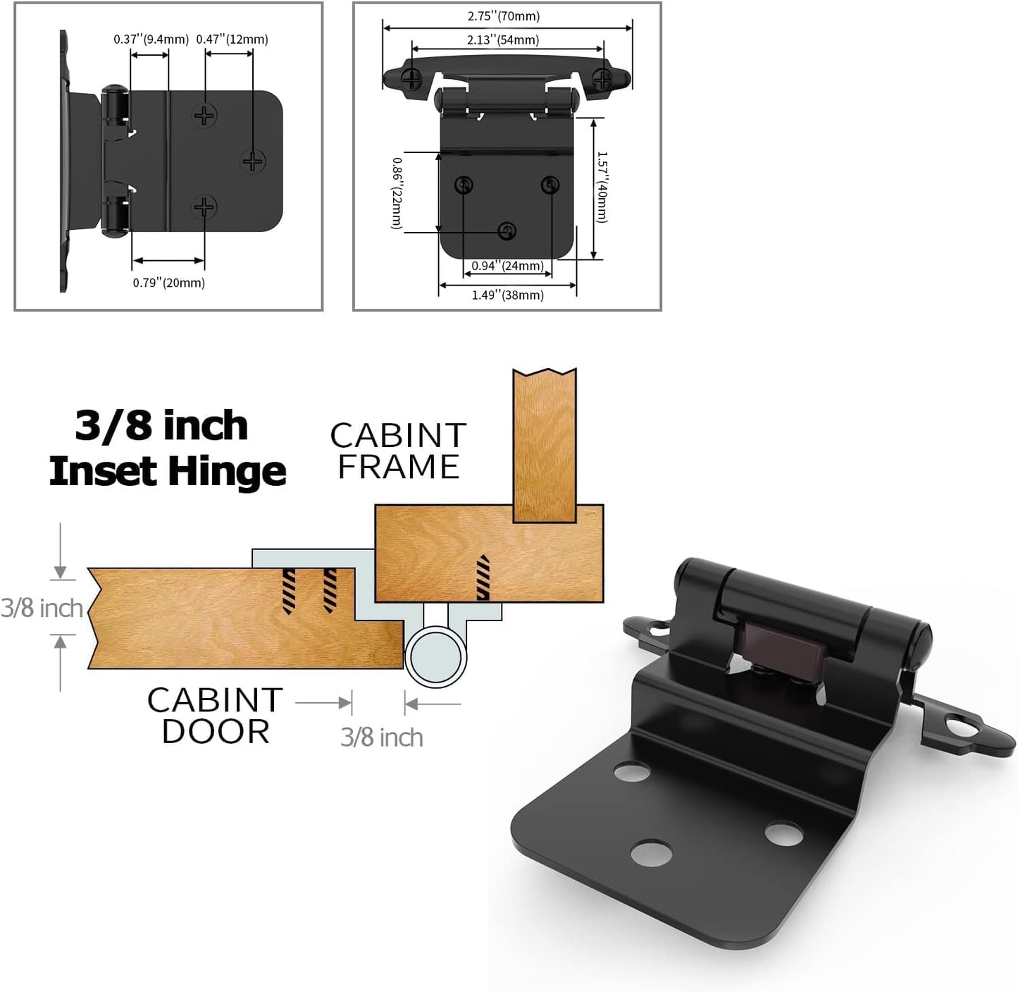 Sable 3/8 in. Inset Self-Closing Cabinet Hinges – Matte Black