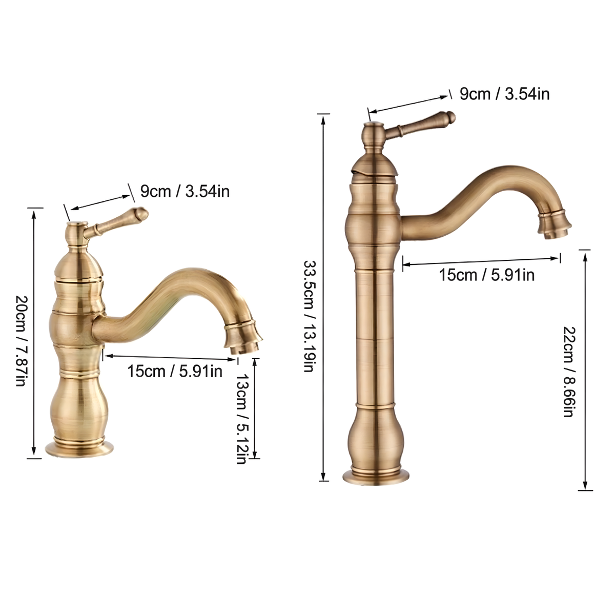 Arcora Antique High-Arc 360° Swivel Bathroom Vessel Sink Faucet With Single Handle Bathroom Sink Faucet - Dimensions