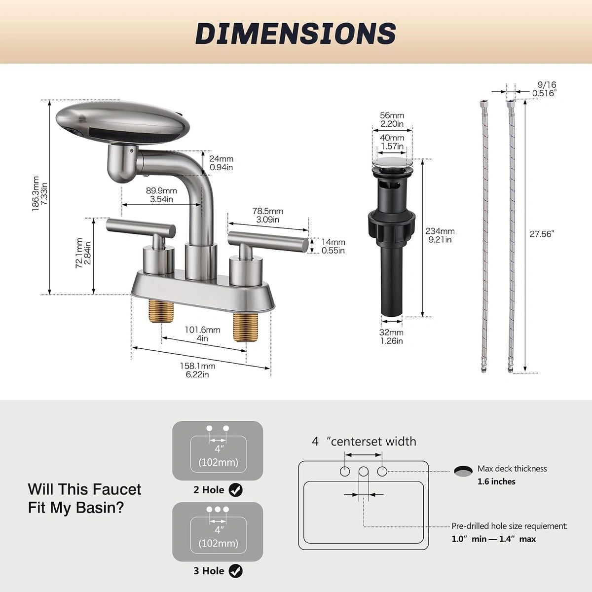 Aria Modern Two-Handle 4-Inch Centerset Waterfall Bathroom Faucet - Dimensions