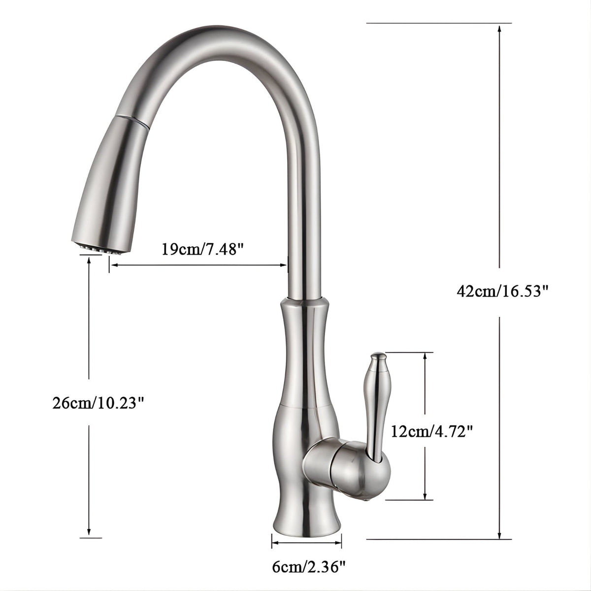 Aurea Luxury Polished Gold Kitchen Faucet - Dimensions