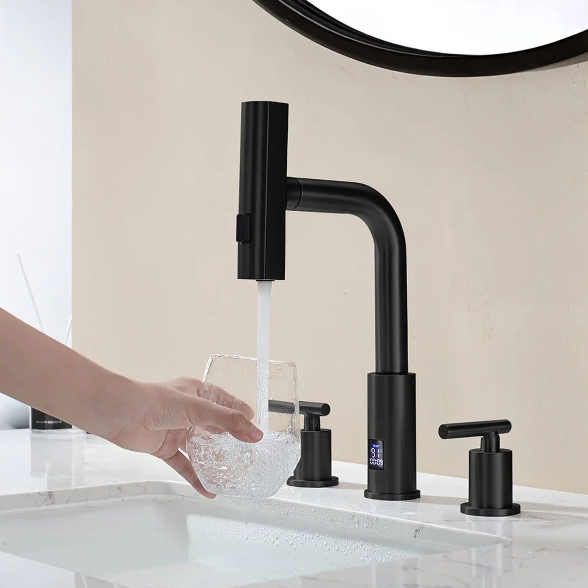 Aurelia Modern Two-Handle Widespread Waterfall Bathroom Faucet With Pull-Out Sprayer