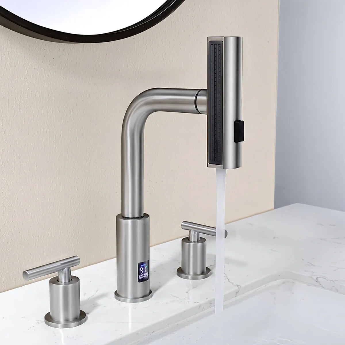 Aurelia Modern Two-Handle Widespread Waterfall Bathroom Faucet With Pull-Out Sprayer
