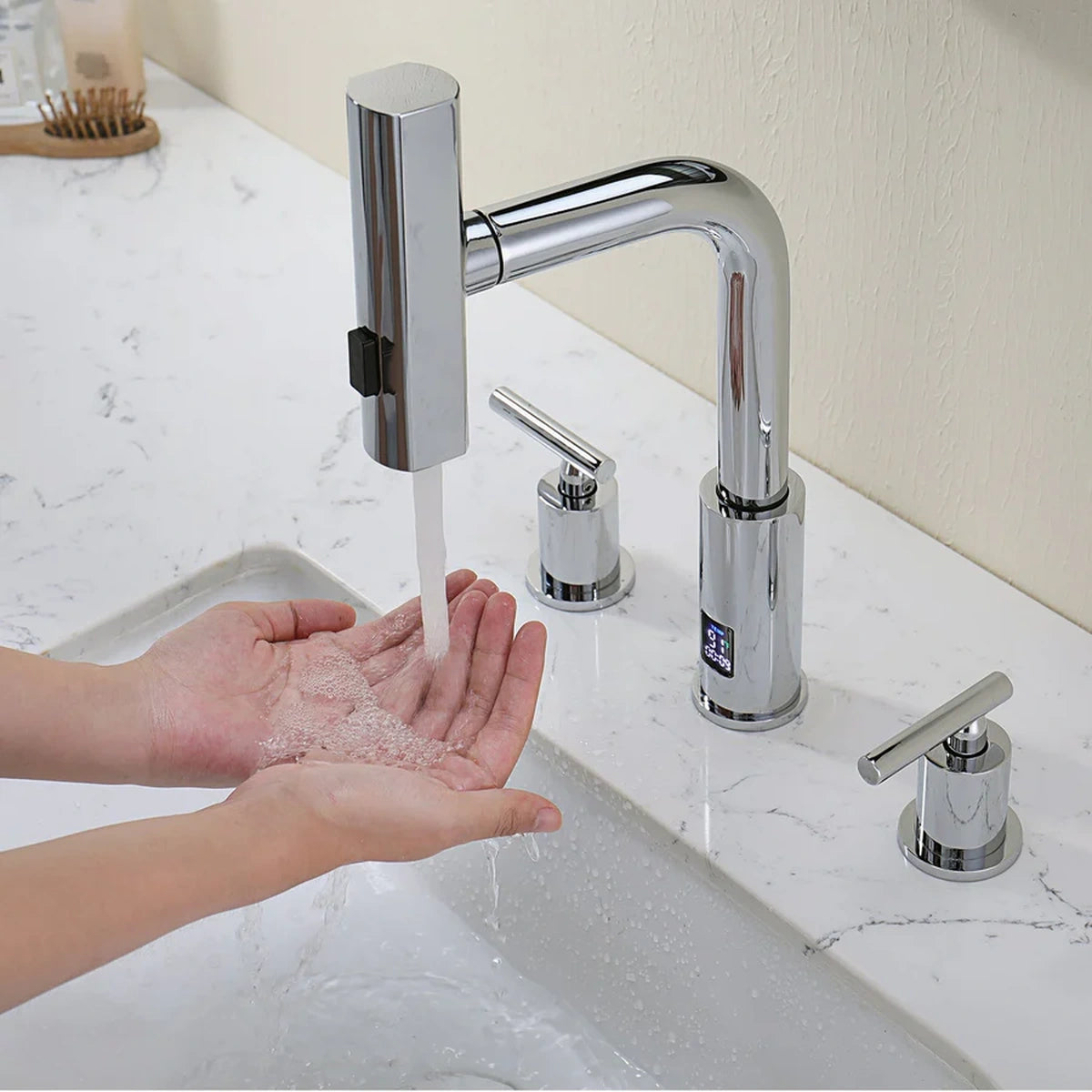 Aurelia Modern Two-Handle Widespread Waterfall Bathroom Faucet With Pull-Out Sprayer