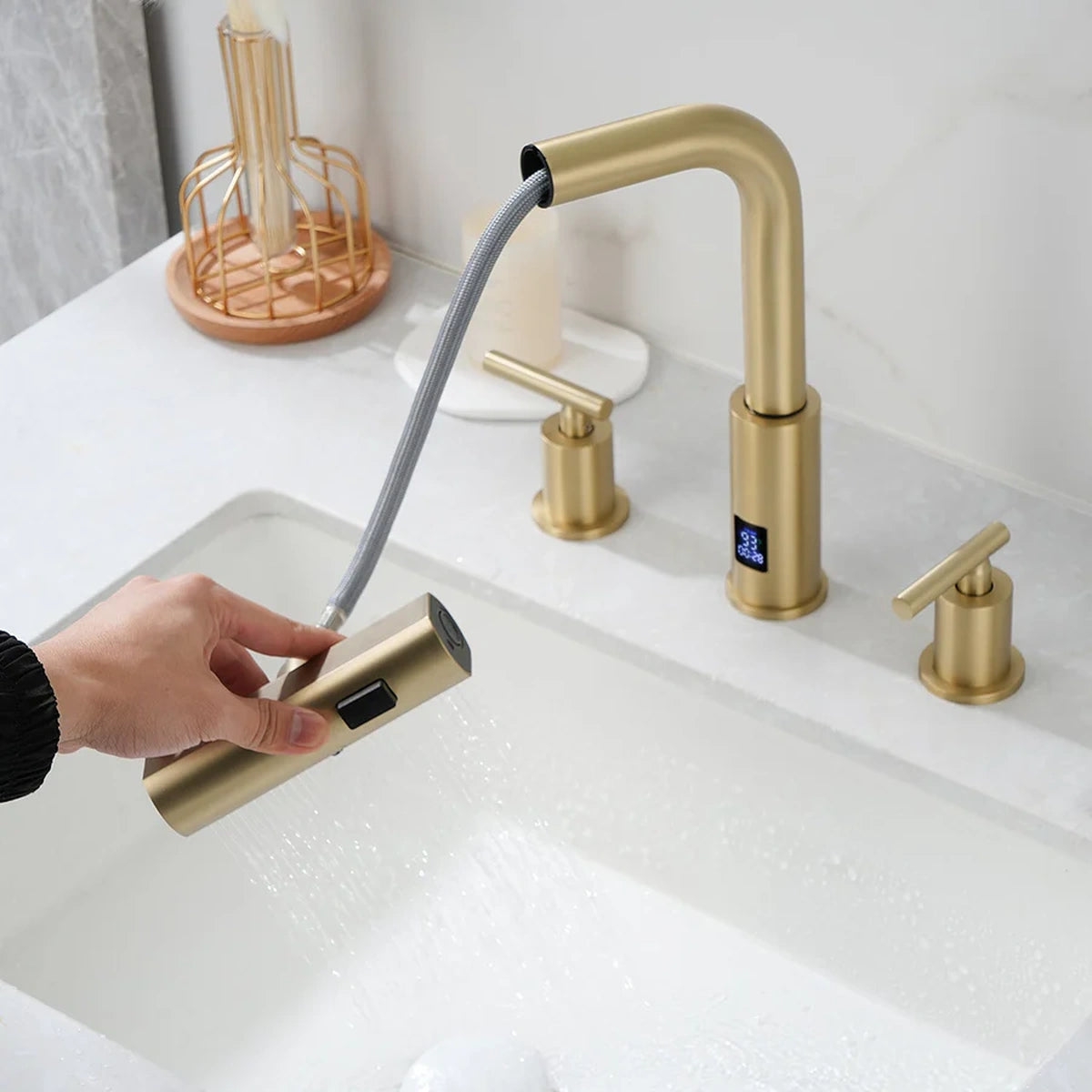 Aurelia Modern Two-Handle Widespread Waterfall Bathroom Faucet With Pull-Out Sprayer