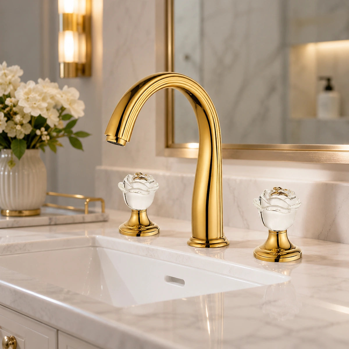 Aurelia Victorian Two-Handle 3-Hole Widespread Bathroom Faucet With Crystal Handles