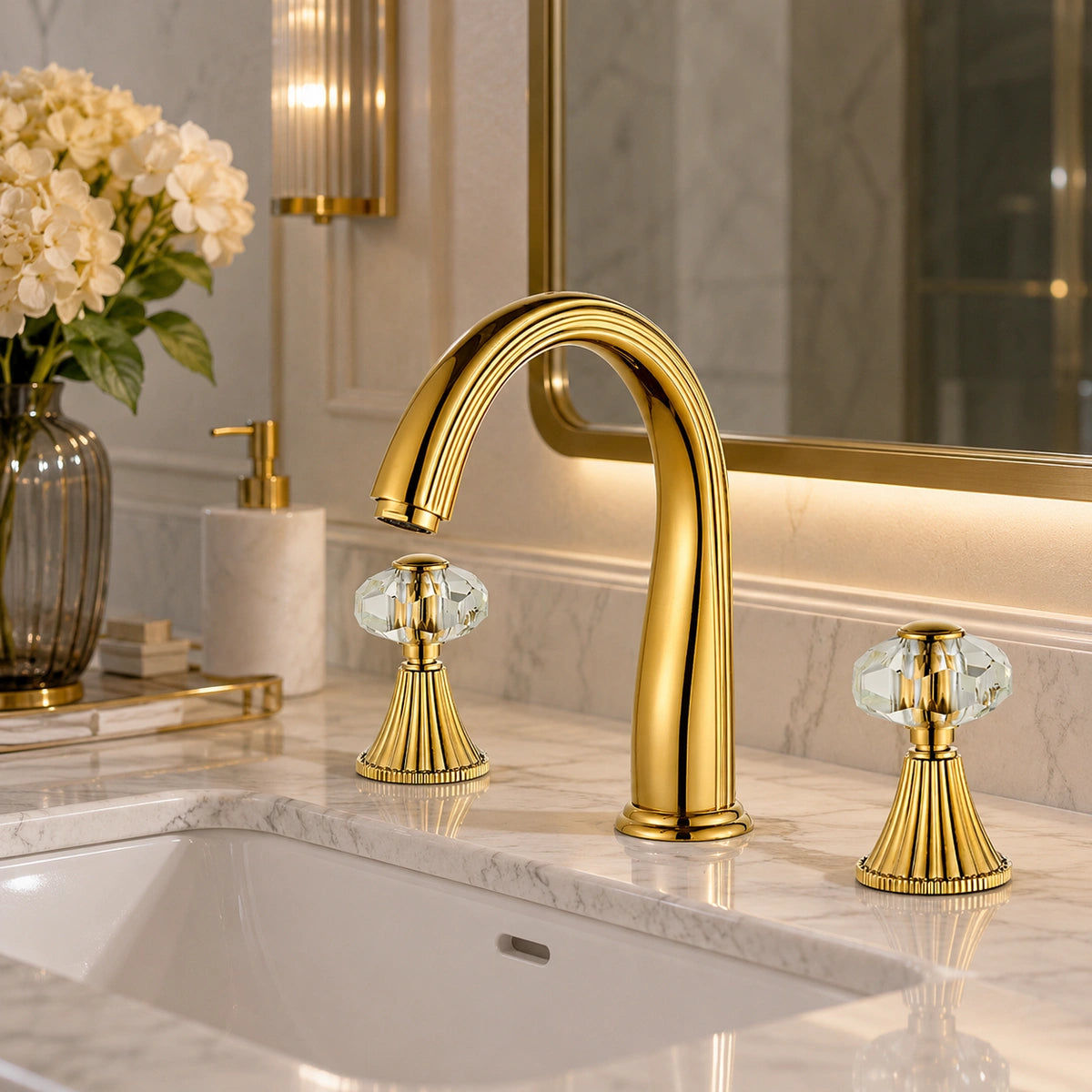 Aurelia Victorian Two-Handle 3-Hole Widespread Bathroom Faucet With Crystal Handles