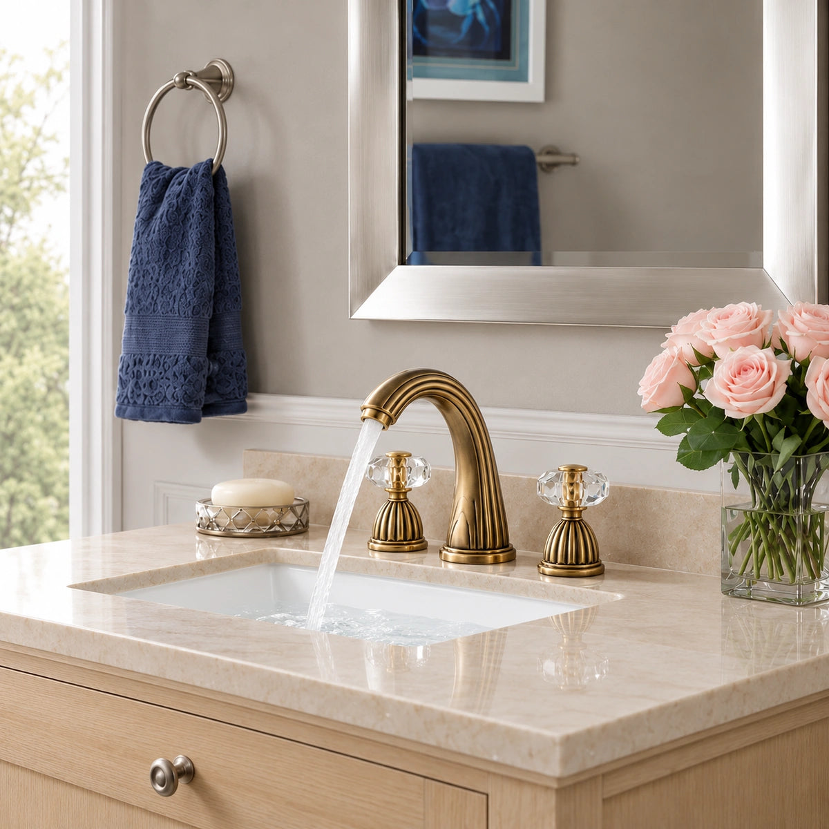 Aurion Vintage 3-Hole Widespread Bathroom Sink Faucet with Crystal Handles