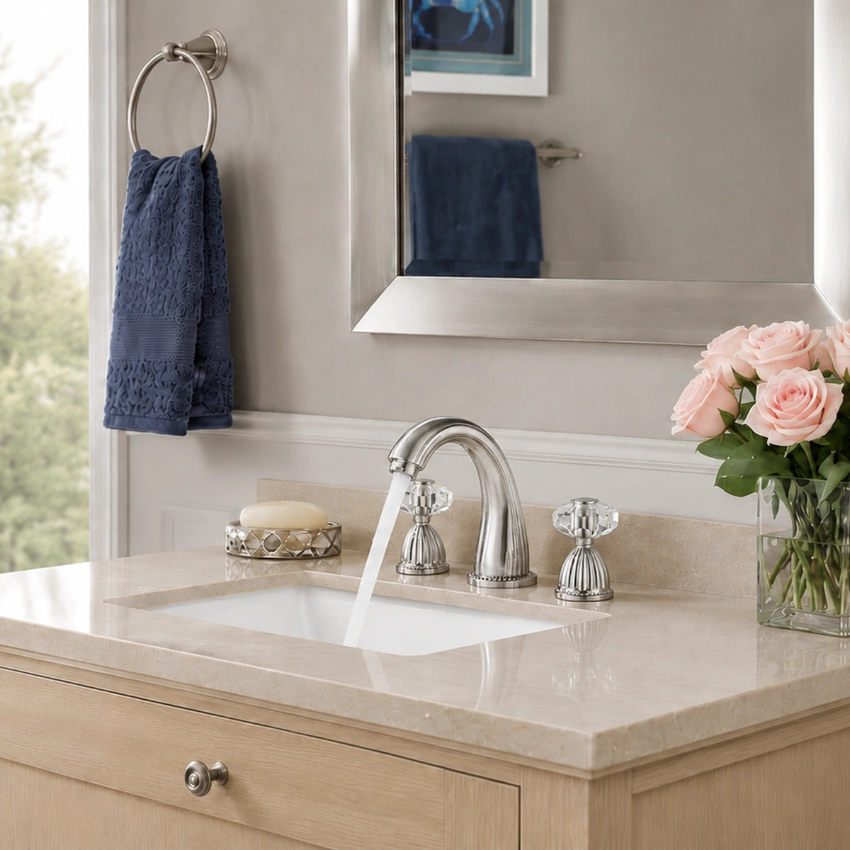 Aurion Vintage 3-Hole Widespread Bathroom Sink Faucet with Crystal Handles