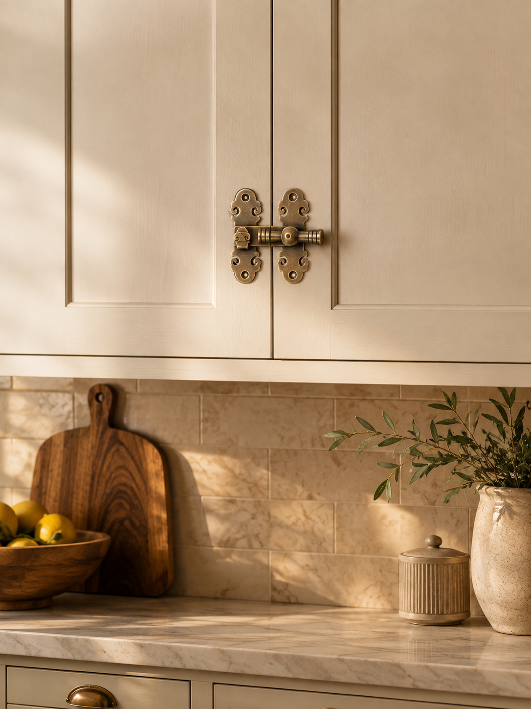 Cream-colored kitchen cabinets with ornate brass hardware, set above a marble countertop with a beige tile backsplash, a wooden cutting board, lemons, and a potted plant.