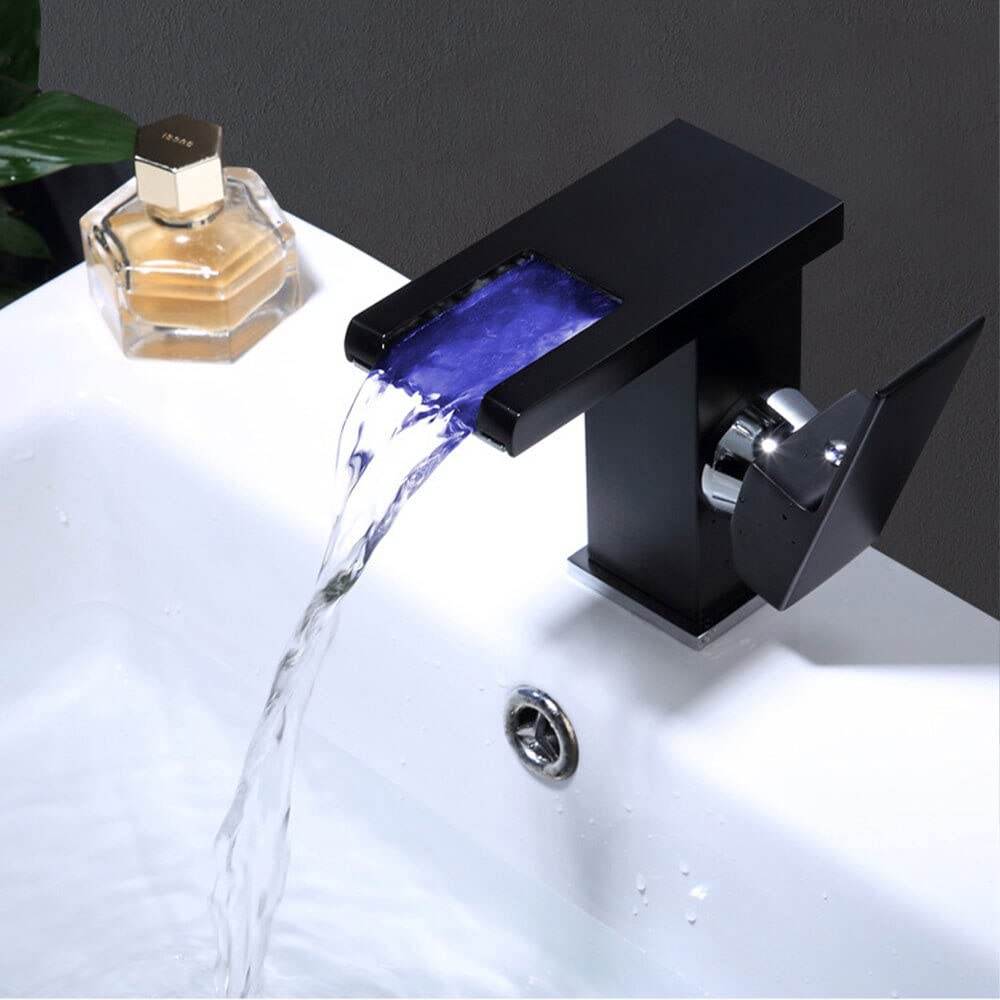 Lumina Modern LED Waterfall Bathroom Sink Faucet With Color-Changing LED Temperature Light