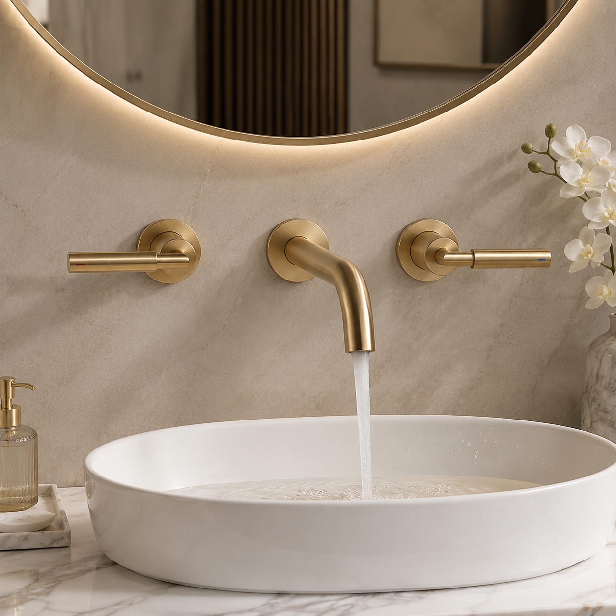 Brushed gold finish for bathroom hardware