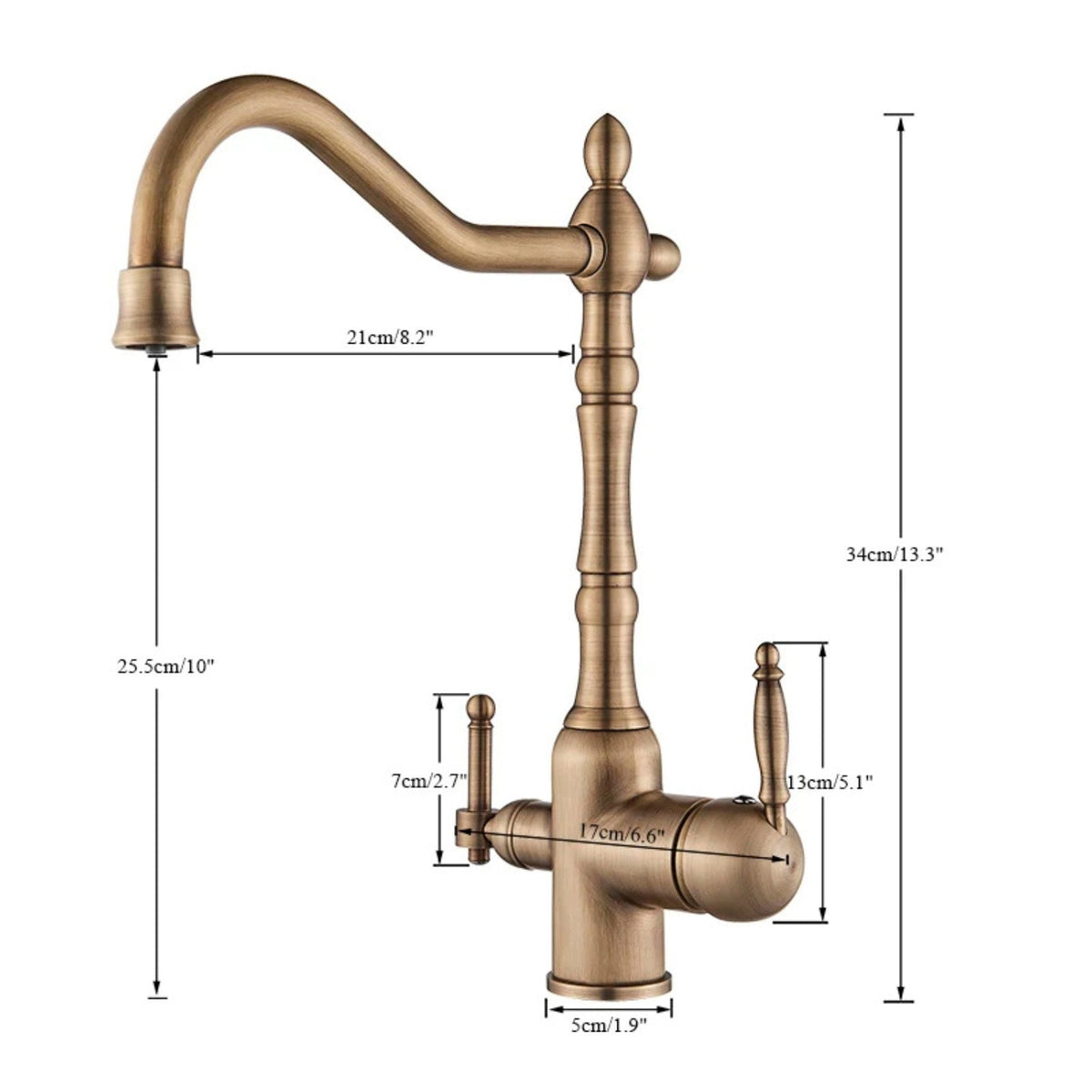 Celia 3-Way Filter Kitchen Faucet with Dual Handles - Dimensions
