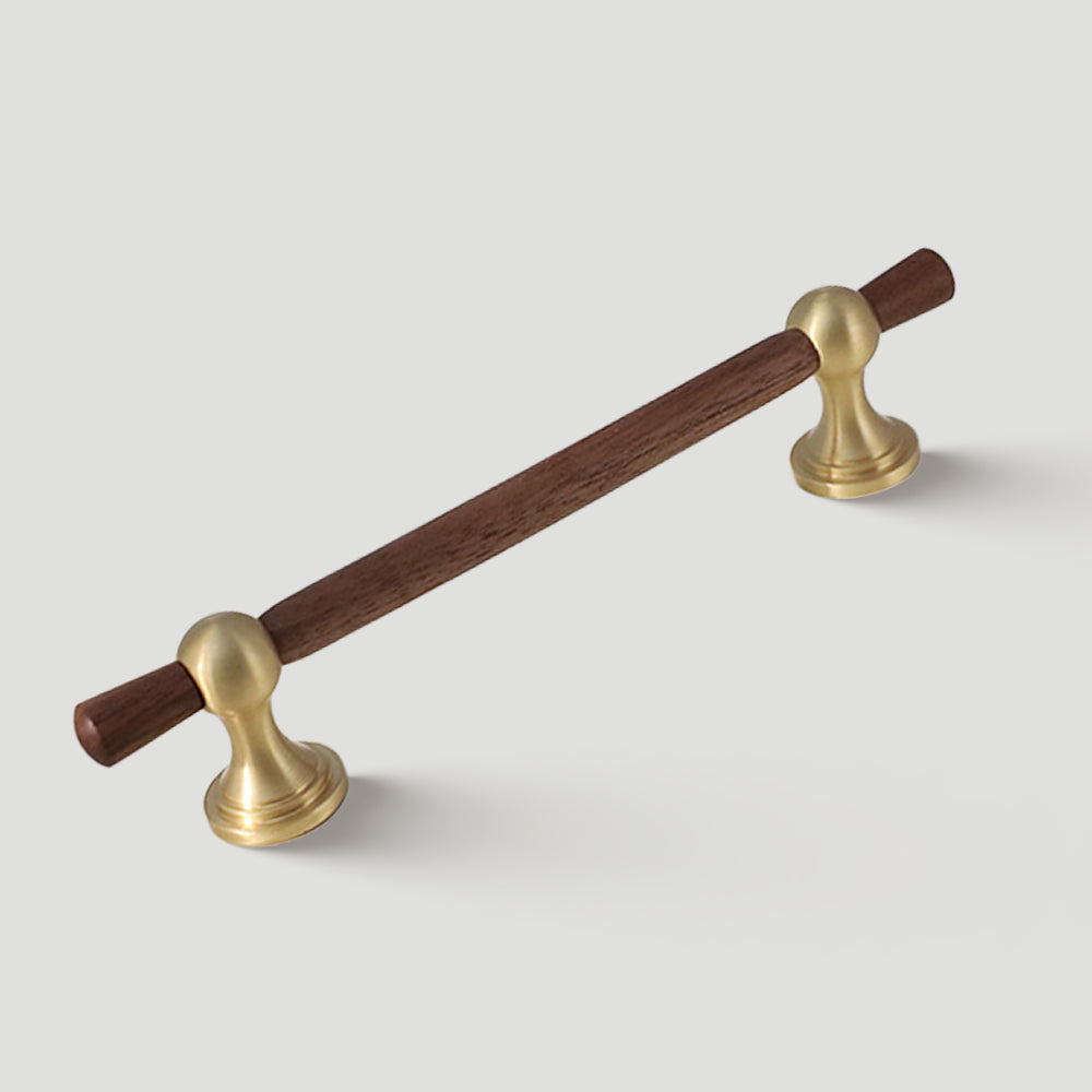 Wood T-bar cabinet pull with round metal pedestal mounts, shown clearly on a clean neutral background