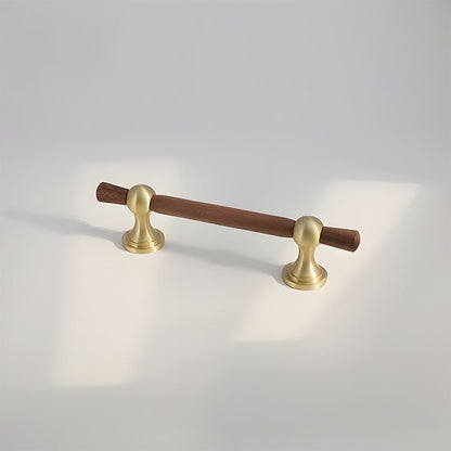 Wood T-bar cabinet pull with round metal pedestal mounts, shown from one angle on a clean neutral background