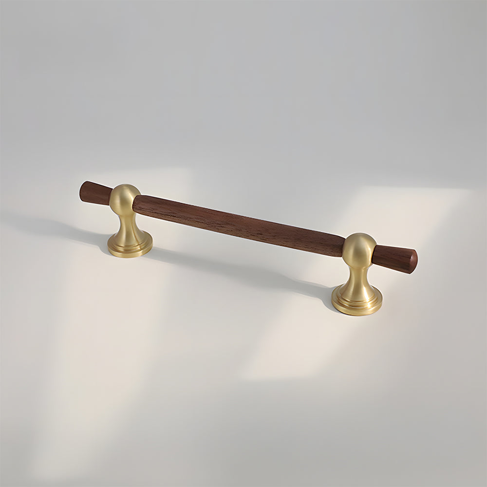 Wood T-bar cabinet pull with round metal pedestal mounts, pictured in one view on a clean neutral background
