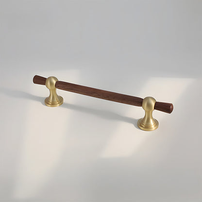 Wood T-bar cabinet pull with round metal pedestal mounts, pictured in one view on a clean neutral background