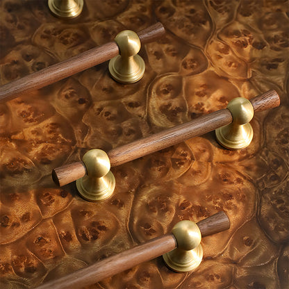 Wood T-bar cabinet pull with round metal pedestal mounts, shown clearly as a color and finish lineup