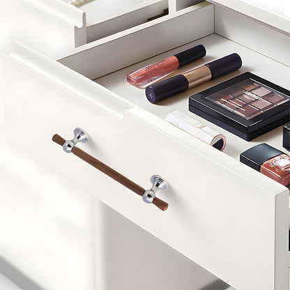 Wood T-bar cabinet pull with round metal pedestal mounts, pictured in one view mounted on a finished cabinet front