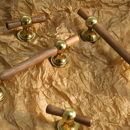 Wood T-bar cabinet pull with round metal pedestal mounts, presented for reference as a color and finish lineup