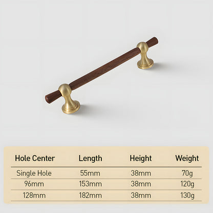 Wood T-bar cabinet pull with round metal pedestal mounts, shown clearly with dimensions and centers labeled