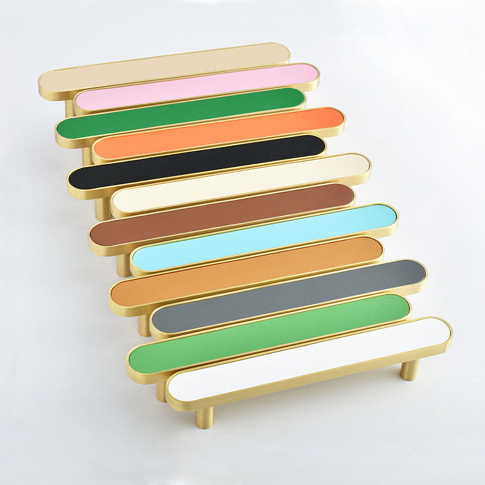 Gold-tone cabinet pulls stacked to show multiple leather color options on a white background