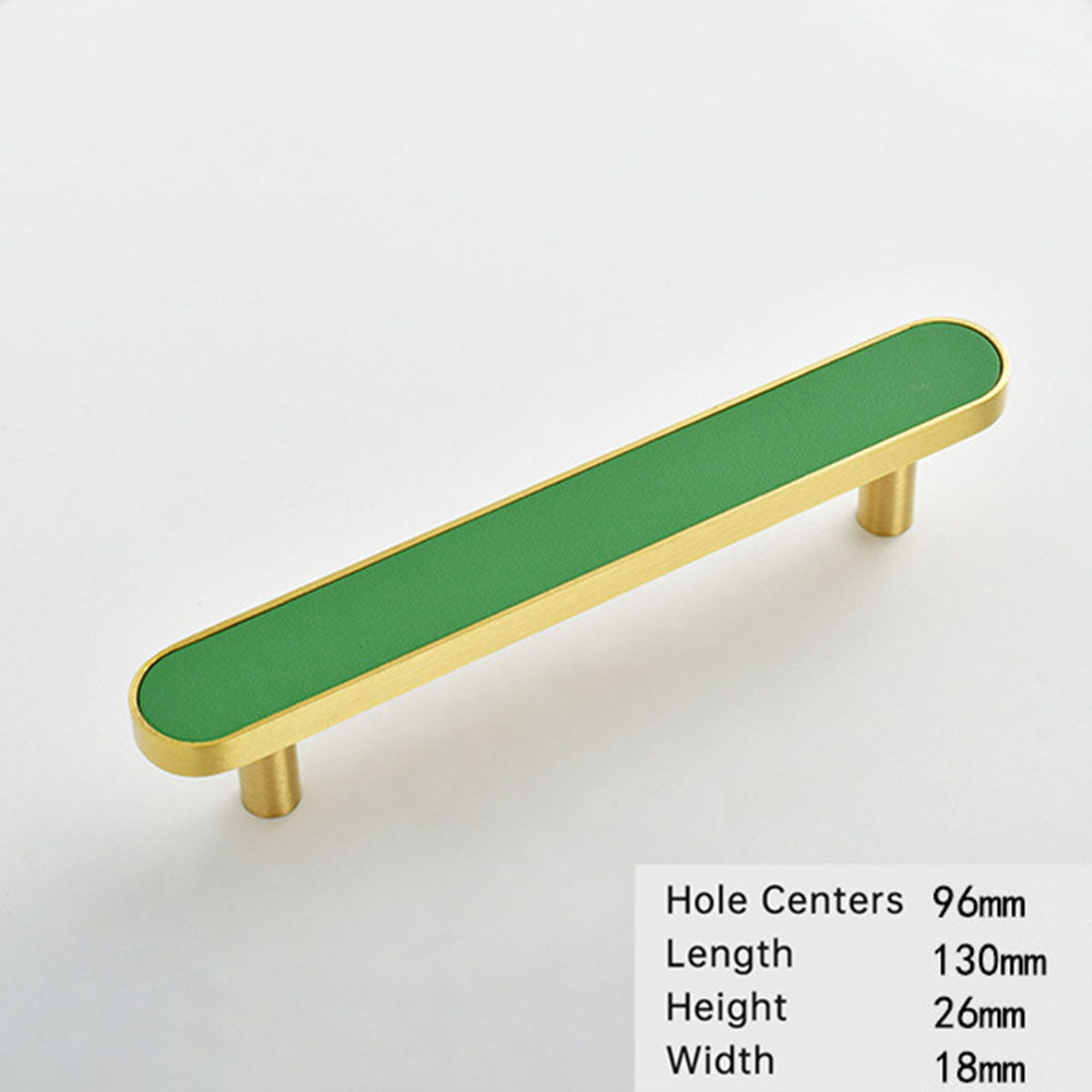 Dark green leather-inlay cabinet pull diagram with 96 mm hole centers and 130 mm length