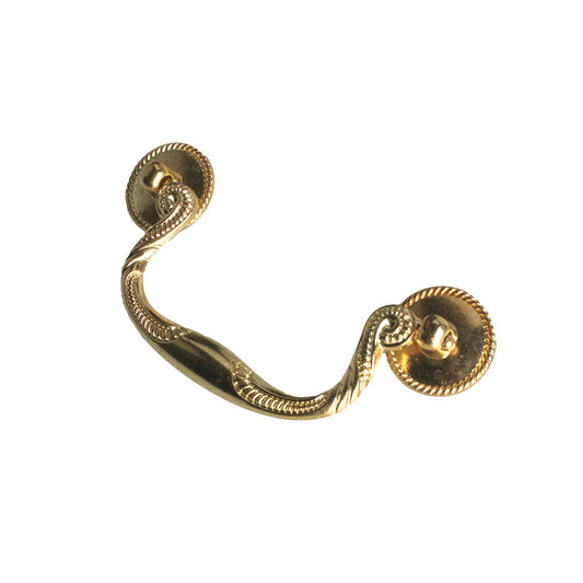 Vintage drop bail drawer pull with rosette mounts, shown clearly on a clean neutral background