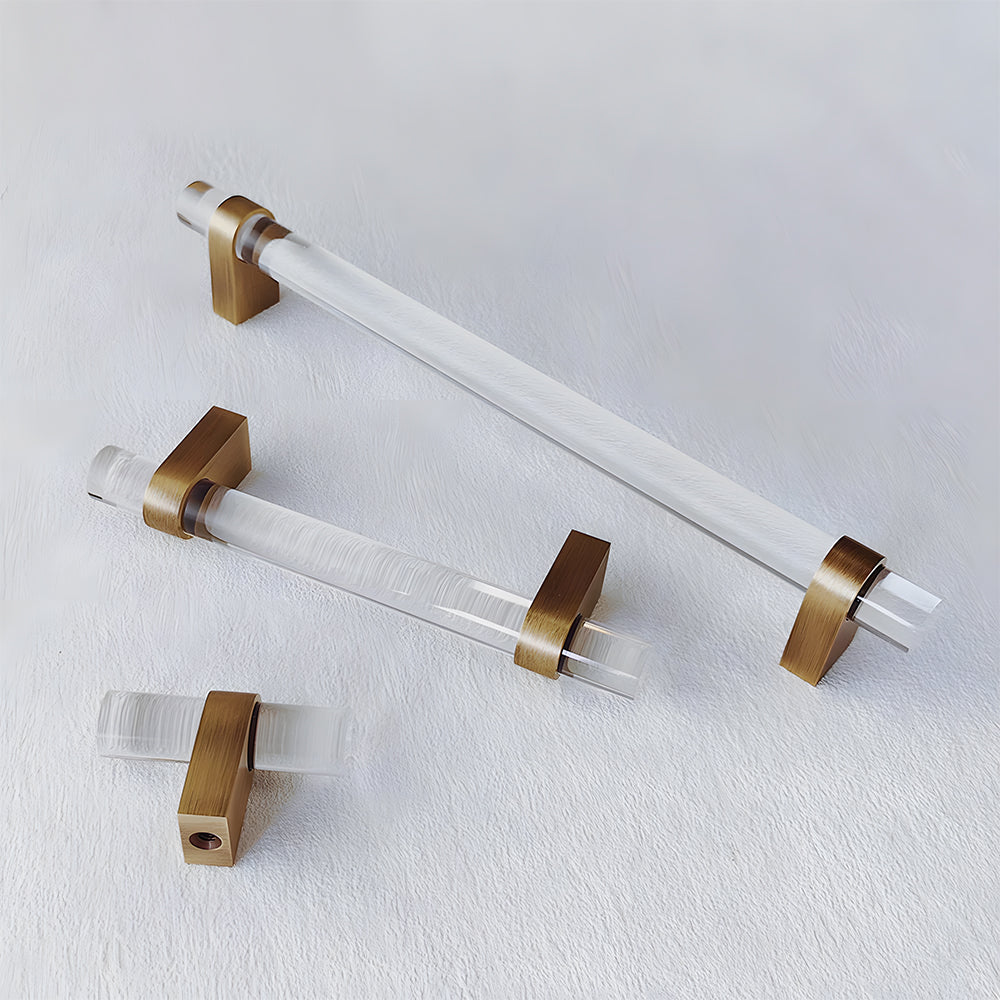 Comforsyco Acrylic Round Bar Drawer Pulls and Cabinet Handles with Brass