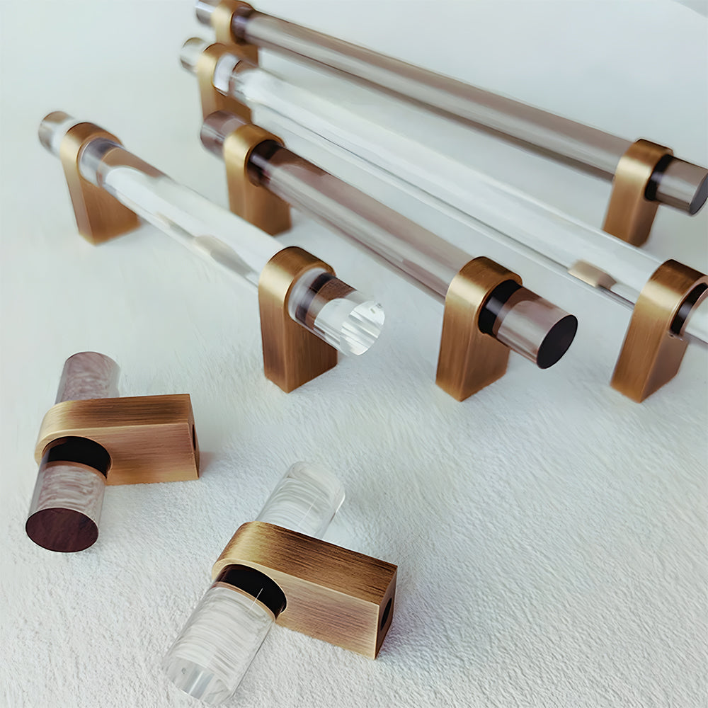 Comforsyco Acrylic Round Bar Drawer Pulls and Cabinet Handles with Brass