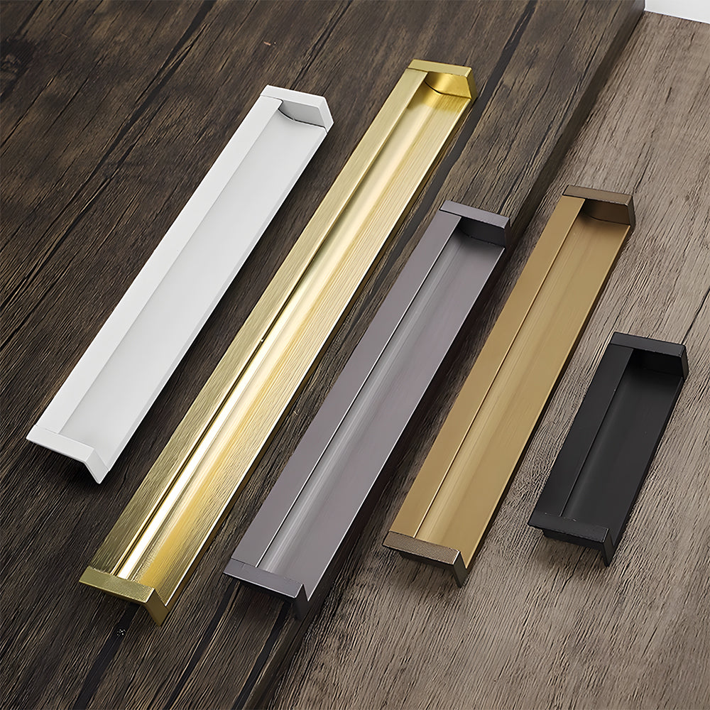 Recessed aluminum finger edge pull, shown clearly as a color and finish lineup with key hardware details visible