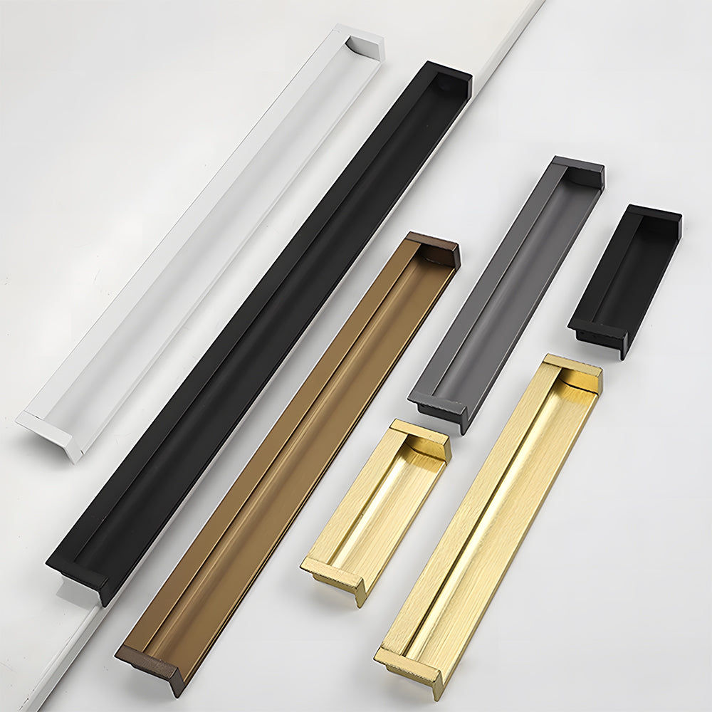 Recessed aluminum finger edge pull, pictured in one view as a color and finish lineup