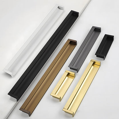 Recessed aluminum finger edge pull, pictured in one view as a color and finish lineup
