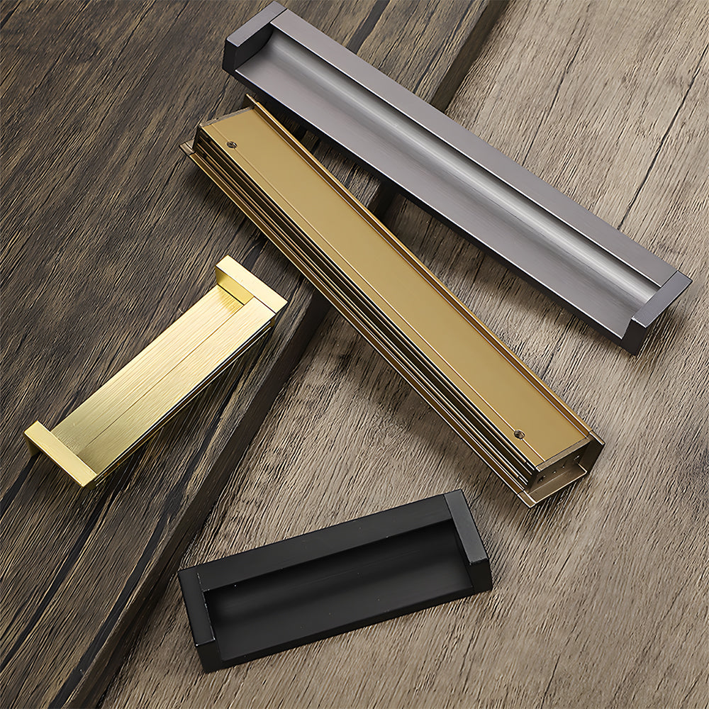 Recessed aluminum finger edge pull, presented for reference as a color and finish lineup