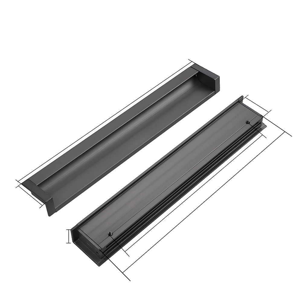 Recessed aluminum finger edge pull, shown from one angle with dimensions and centers labeled