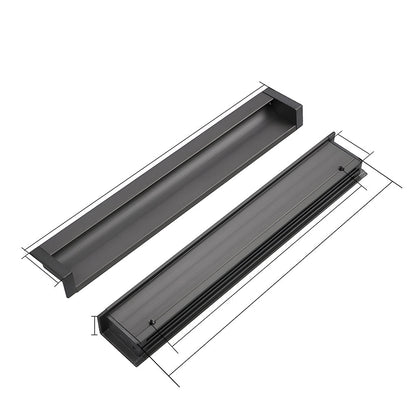 Recessed aluminum finger edge pull, shown from one angle with dimensions and centers labeled