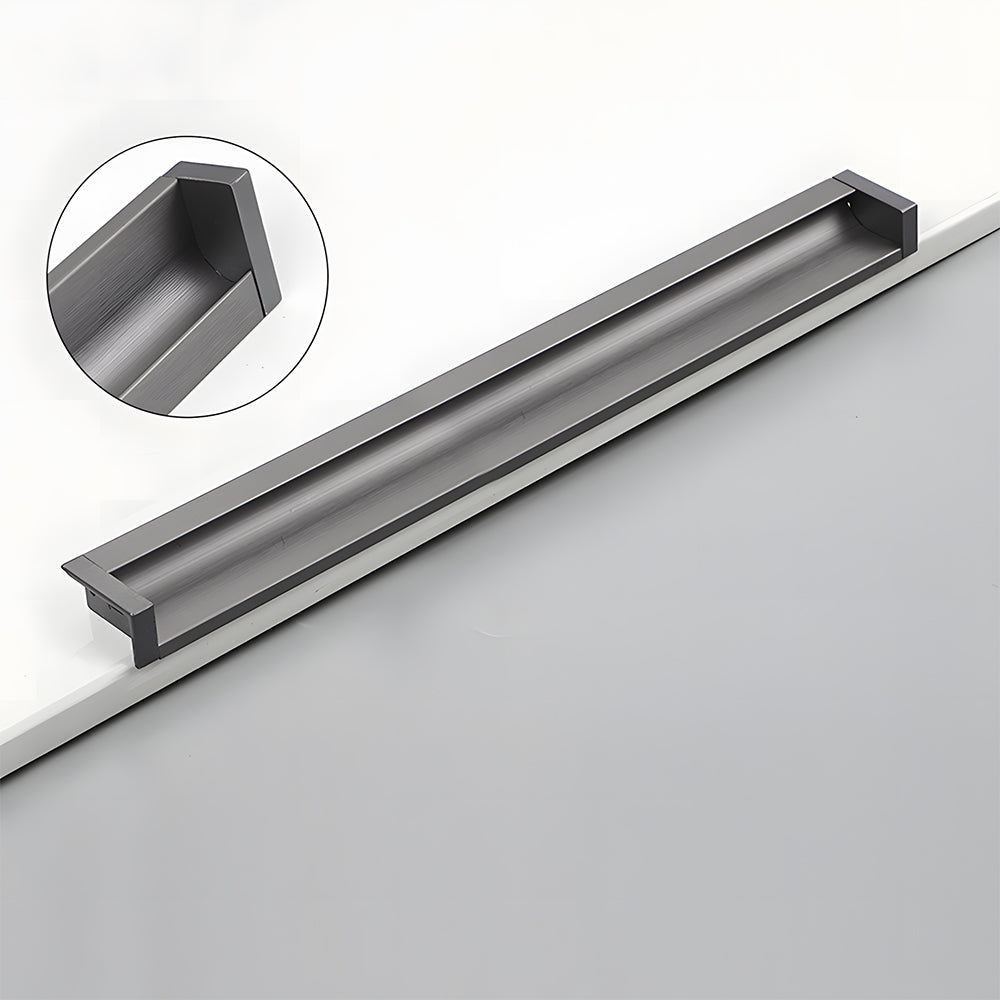 Gray recessed aluminum finger edge pull, displayed from the side showing the surface and mounting form