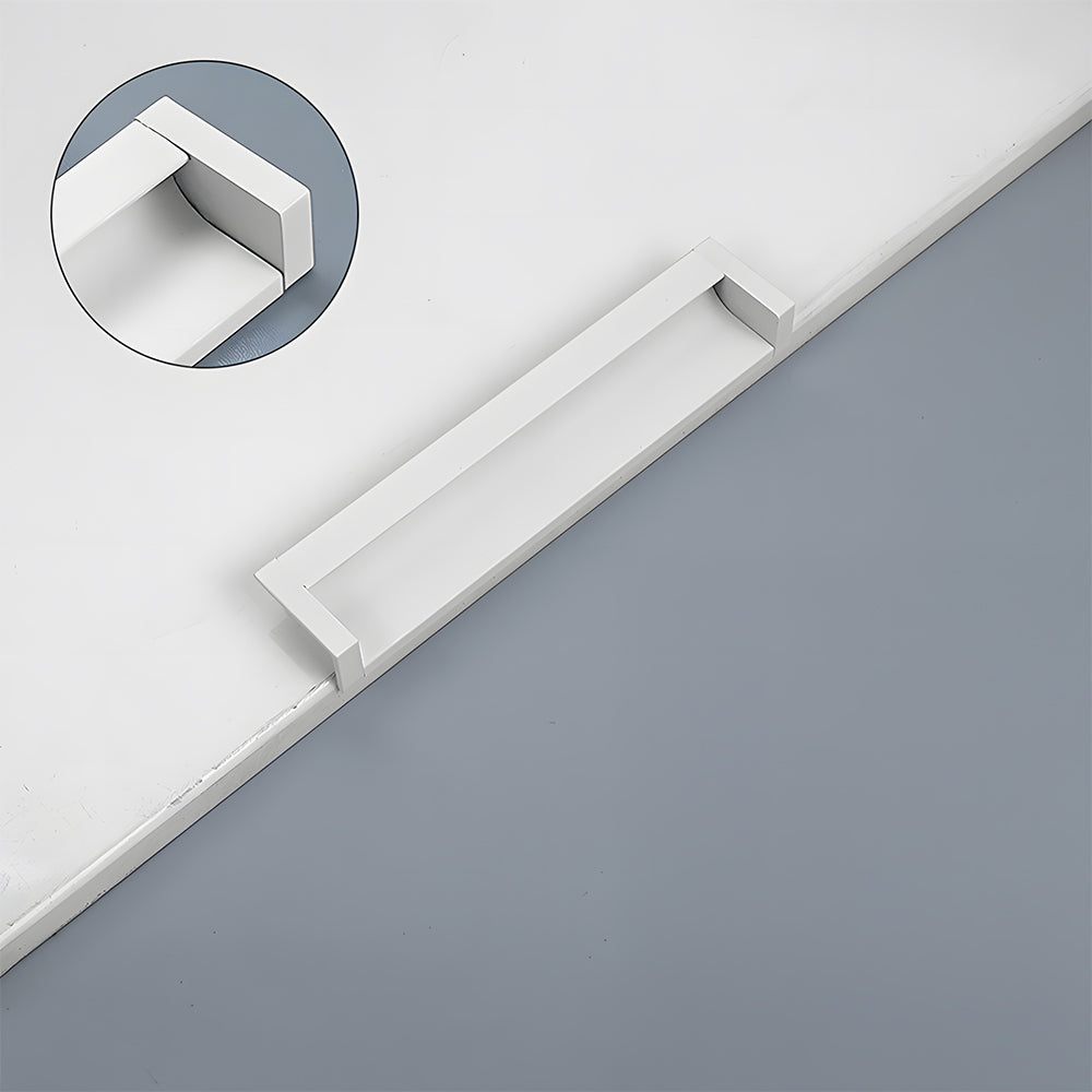 Recessed aluminum finger edge pull, displayed from the side with the profile and attachment in view