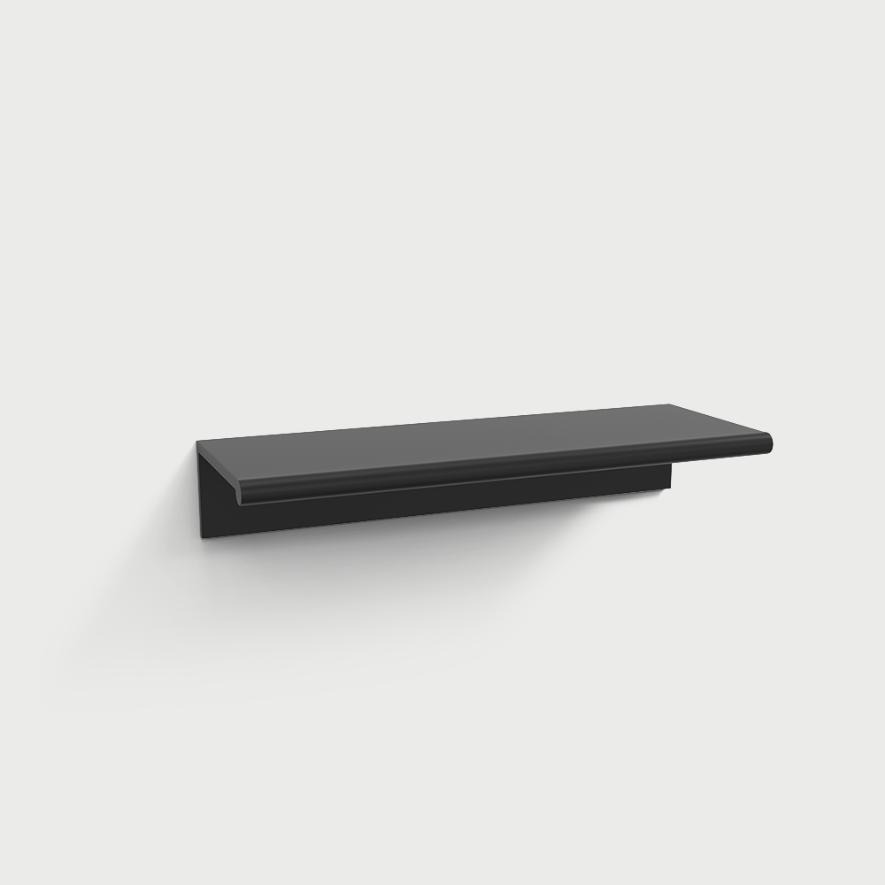 Square aluminum cabinet edge pull, shown clearly on a clean neutral background with key hardware details visible