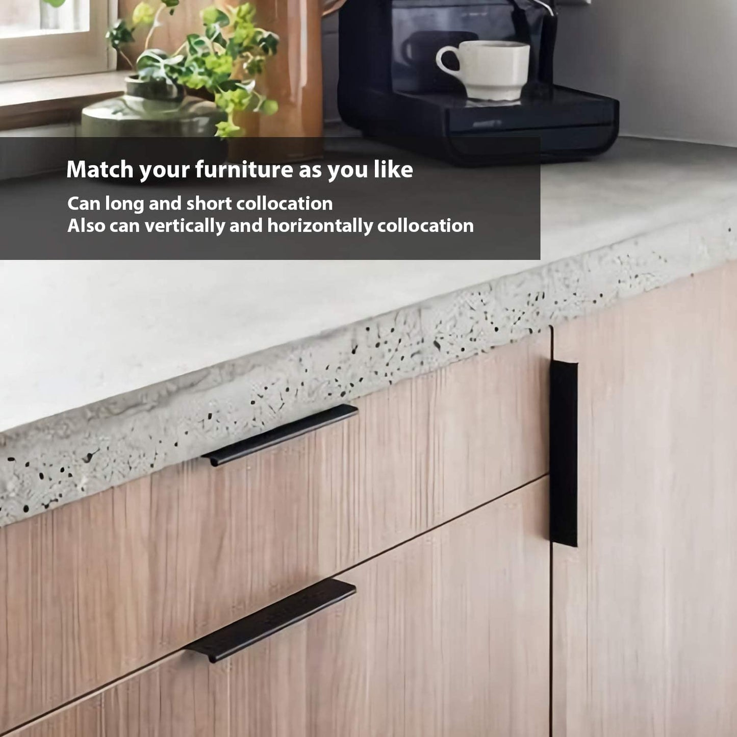 Black square aluminum cabinet edge pull, displayed from the side installed on cabinetry in context