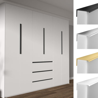 Black square aluminum cabinet edge pull, shown clearly in a multi-view product collage