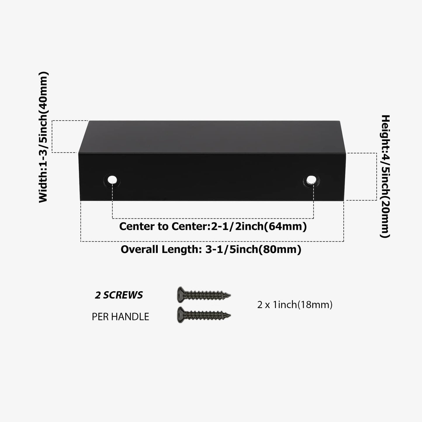Square aluminum cabinet edge pull, shown clearly with dimensions and centers labeled