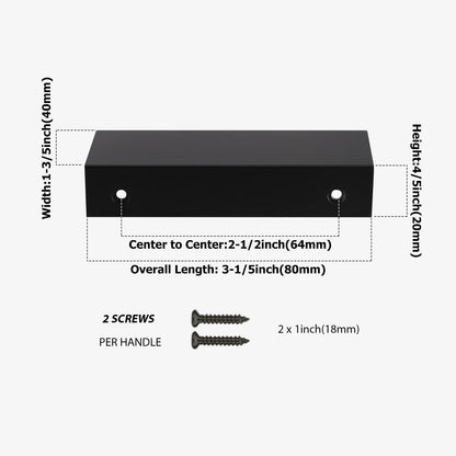 Square aluminum cabinet edge pull, shown clearly with dimensions and centers labeled