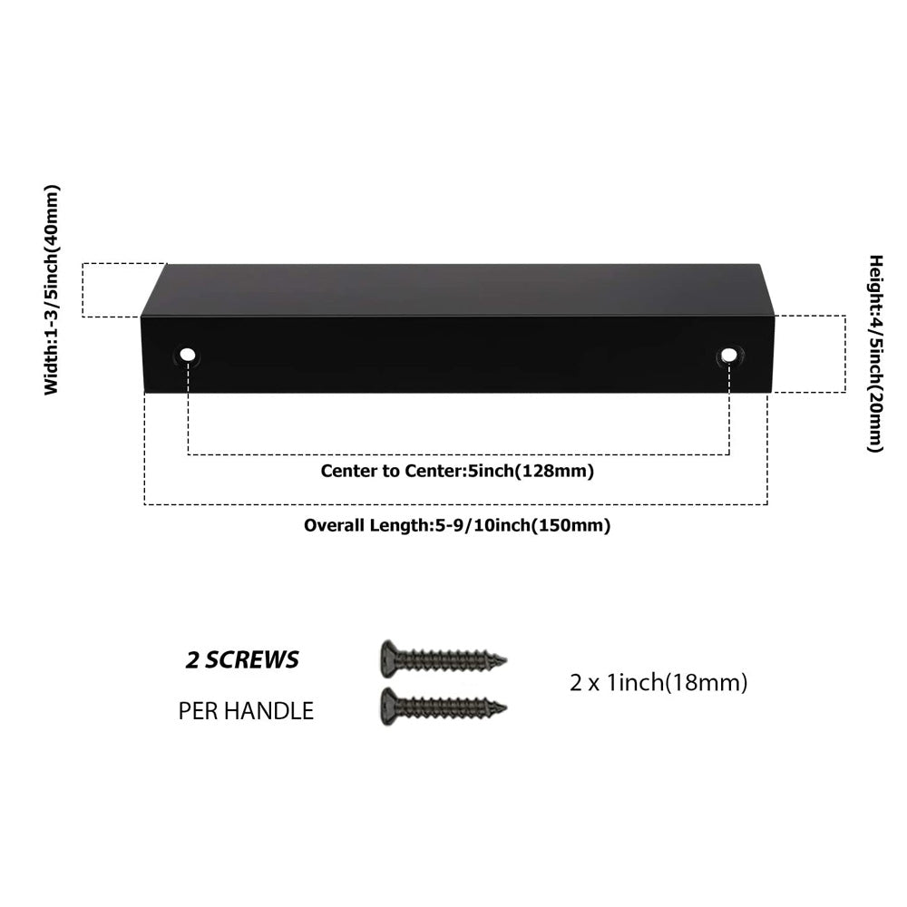 Square aluminum cabinet edge pull, shown from one angle with dimensions and centers labeled