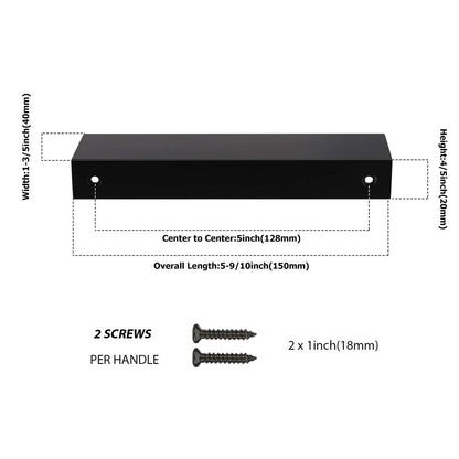 Square aluminum cabinet edge pull, shown from one angle with dimensions and centers labeled